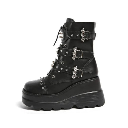 Women's Platform Wedge Ankle Boots Goth Punk Combat Motorcycle Boots Lace Up Side Zip Multi Buckles Studded Spiked Cosplay Shoes