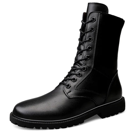 Men's Brown Leather Combat Boots High-Top Lace-Up with Side Zipper Plus Big Size 49 50 51 52