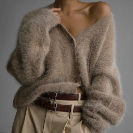 Autumn Winter V Neck Long Sleeve Button Thicken Fluffy Soft Loose Cardigan Knitted Sweater Coats PYMYFZC-9902