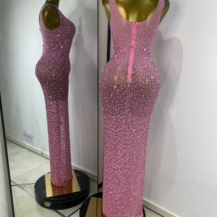 Women Luxury Pink Full Rhinestones Split Maxi Long Dress Birthday Evening Party Nightclub Stage Costomes Celebrity Prom Gowns