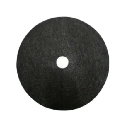 Single circular black non-woven mulch ring on a white background