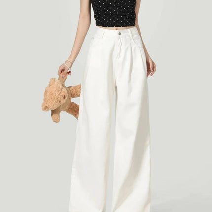 Y2K Korean Style Women's White High Waisted Wide Leg Jeans 2026 Spring Summer New Pleated Design Draped Casual Pants Streetwear