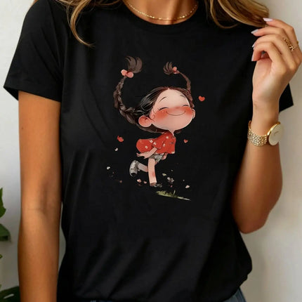 Cute Cartoon Girl Print Women's T-Shirt Casual Outdoor Lightweight Comfortable Daily Wear Printed Round Neck Short Sleeve Season