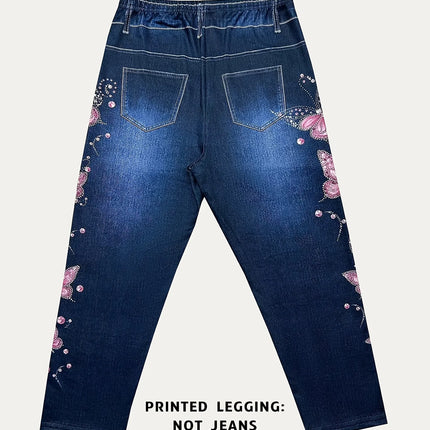 Women High Waist Slim Fit Floral Print Fake Denim 7/8 Cropped Capri Pants, Suitable For Daily Casual & Sports Wear