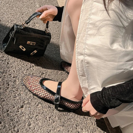 LeShion Of Chanmeb Brand Mesh Net Ballet Flats Shoes for Women Strap Buckle Breathable Cool Spring Summer INS Ballerina Shoes 43