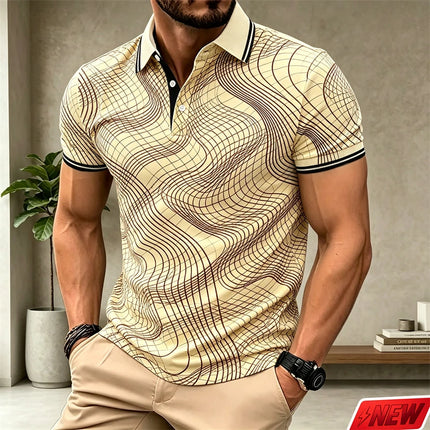 Fashion Wavy Line Graphic Polo Shirt Men Casual Business Handsome Short Sleeve Top Summer Streetwear Colorful 3d Print Lapel Tee