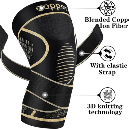 Copper Knee Braces with Strap for Knee Pain Women and Men, Knee Compression Sleeve for Arthritis, ACL, Meniscus Tear