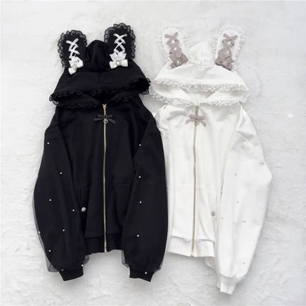 Long Sleeve Strapped Rabbit Ear Hoodie Lolita JK Winter Autumn Rabbit Ear Hoodie Kawaii Ladies Top Cardigans Women Y2K