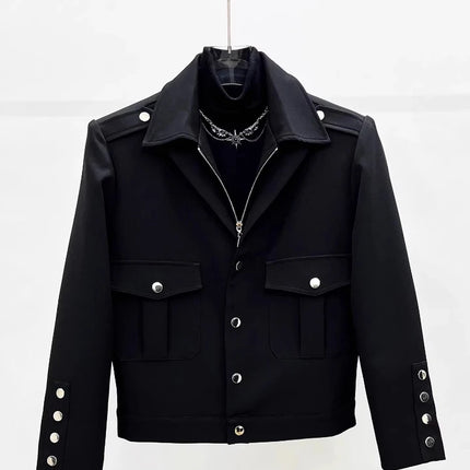 Men Vintage Double-Collar Short Jacket Spring Fall Coat with Zipper & Button Closure Casual Outerwear Techwear Streetwear