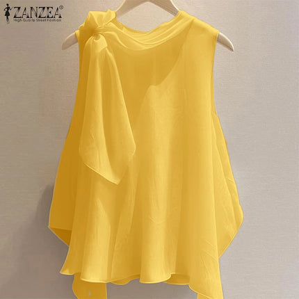 ZANZEA Women T-Shirts Summer Tops 2025 Solid Sleeveless Tees Fashion Asymmetrical Tunic Casual Loose Scarf O Neck Pullovers