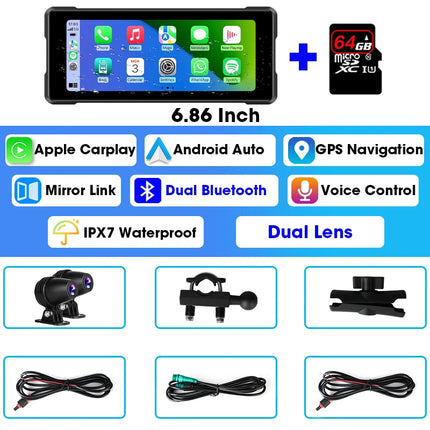 JMCQ 6.86'' Motorcycle DVR GPS Navigaton Wireless Carplay Android Auto Dash Cam IP67 Waterproof Dual Bluetooth Moto Monitor