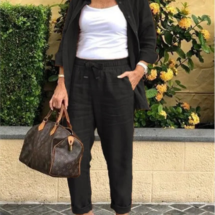 Spring Autumn New Cotton Linen Roll Up Sleeved Shirt Women's Suit Fashion Pocket Elastic Waist Female Office Pants 2 Piece Set