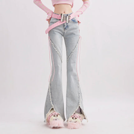 Harajuku Streetwear Retro Fashion Women High Waist Jeans Horn Fork Design Wide Leg Straight Loose Denim Trousers Y2K Baggy Pants