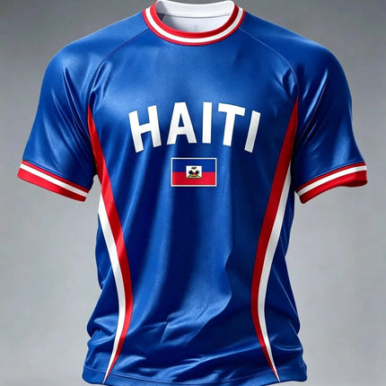 2026 New Haiti Blue Football Jersey Men's Crew Neck Sportswear with "HAITI" Text & Flag Print Casual & Training Tops Tees