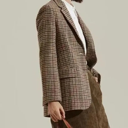 Women's Brown Houndstooth Blazer Retro Oversized Mid-Length Button Down Jacket Streetwear
