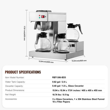 SucceBuy 12 Cups Commercial Drip Coffee Maker Coffee Maker Machine with 3 Glass Carafes 3 Warmer Plates Stainless Steel for Cafe