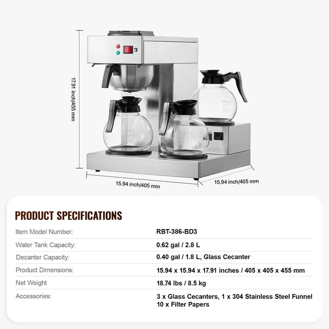 SucceBuy 12 Cups Commercial Drip Coffee Maker Coffee Maker Machine with 3 Glass Carafes 3 Warmer Plates Stainless Steel for Cafe