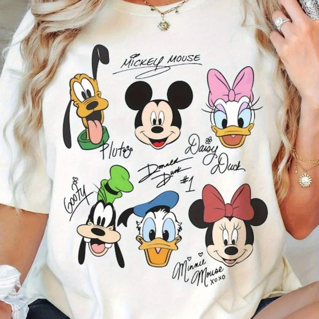 Sommer Damen Plus Size T-Shirt Lässig Locker Kurzarm Bedruckt mit Micky Maus Ente Donald Duck und Disney Cartoon Mustern