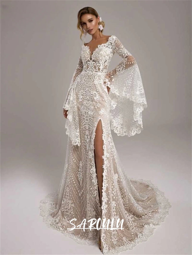 Bohemian Brautkleid für Damen, lange ausgestellte Ärmel, seitlicher Schlitz, Champagnerfutter Brautkleider Boho Brautkleid Maßanfertigung