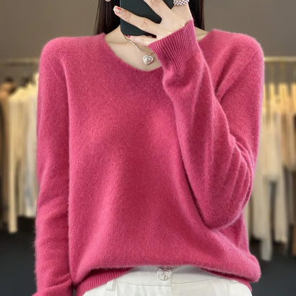 Fashion100% Merino Wool Sweater Cashmere  Pullover Women Knitwear V-Neck Long Sleeve  Autumn Winter Fashion Basic Clothing  Tops
