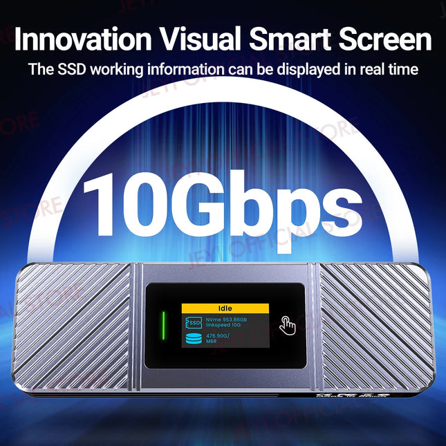 JEYI Visual Smart M.2 NVMe NGFF SSD-Gehäuse, unterstützt 5s Schreibschutz, 3s Wiederverbindung, USB 3.2 Gen2 10Gbps, UASP Trim