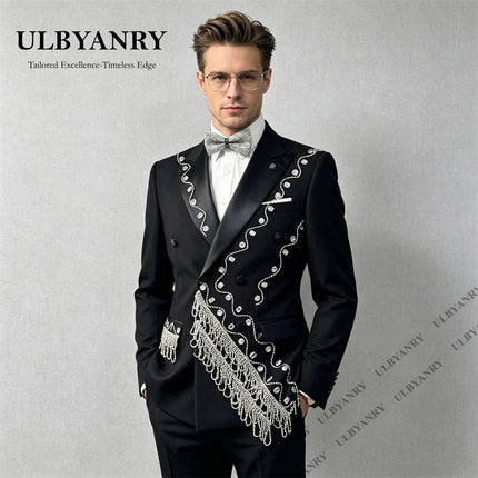 ULBYANRY Men's 2pc Formal Suit Set for Formal Events, Wedding Grooms Suit Double Breasted Jacket with Crystals Tassels Prom Suit