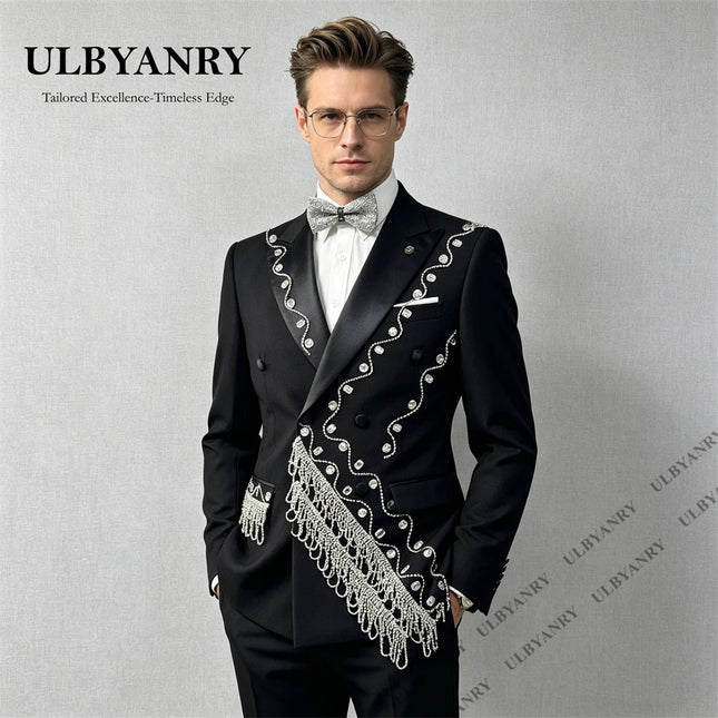 ULBYANRY Herren 2-teiliger Anzug für formelle Anlässe, Hochzeitsanzug für Bräutigam, zweireihiges Sakko mit Kristall-Quasten, Abschlussball-Anzug