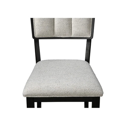 5pc Farmhouse Dining Set with Round Table, Black Gray Natural Grain, Integrated Turntable, Drop Leaves, Built-in Shelving, Fabric Upholstered Chairs