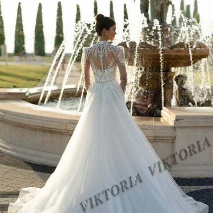 VIKTORIA Vintage Princess Wedding Dresses For Woman Bridal High Neck Long Sleeves A-LINE Appliques Vestidos De Novia Custom Made