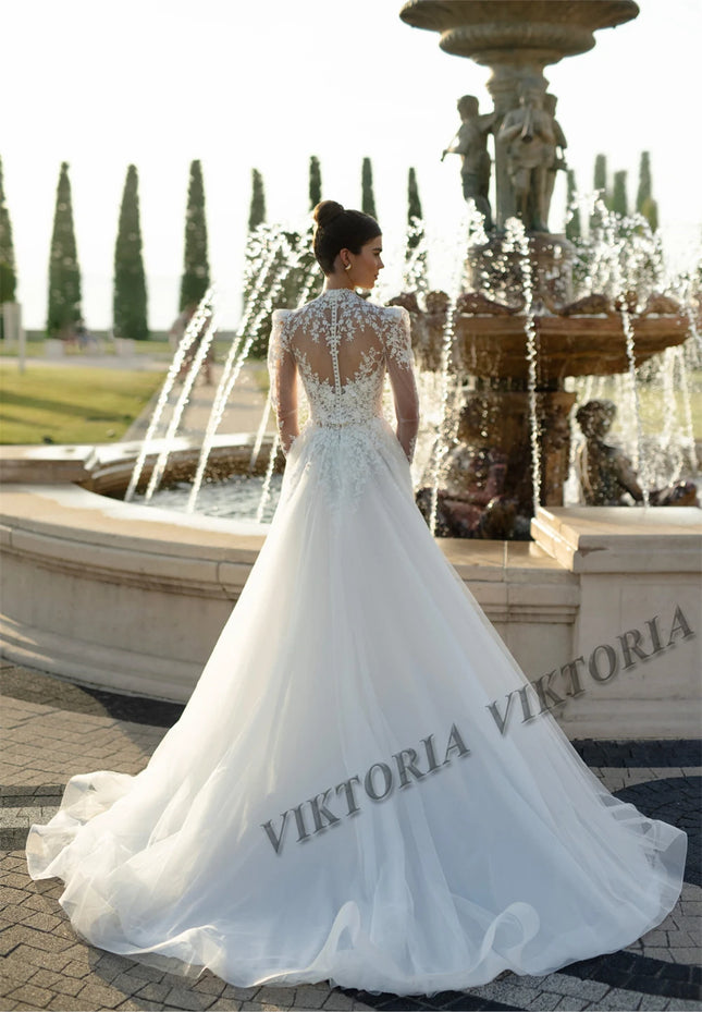 VIKTORIA Vintage Prinzessin Brautkleider für Frauen Hochzeit Hochgeschlossen Lange Ärmel A-LINIE Applikationen Vestidos De Novia Maßanfertigung