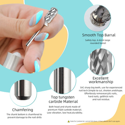 HYTOOS 5XC Safety Barrel Nail Drill Bits 3/32 Smooth Top Carbide Manicure Bit Remove Thick Gel Drills Accessories Supplier