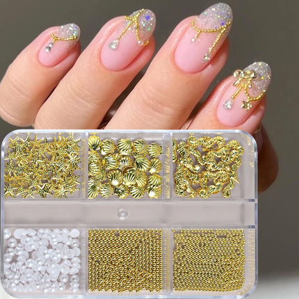 6 Grids Metal Summer Ocean Nail Art Charms 3D Shell Starfish Seahorse Caviar Beads Alloy Nail Jewelry Mixed Manicure Studs Decor