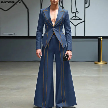 INCERUN Men Sets Patchwork Elegant Long Sleeve Blazer & Wide Leg Pants Two Pieces Sets Streetwear Fashion Men's Casual Suits