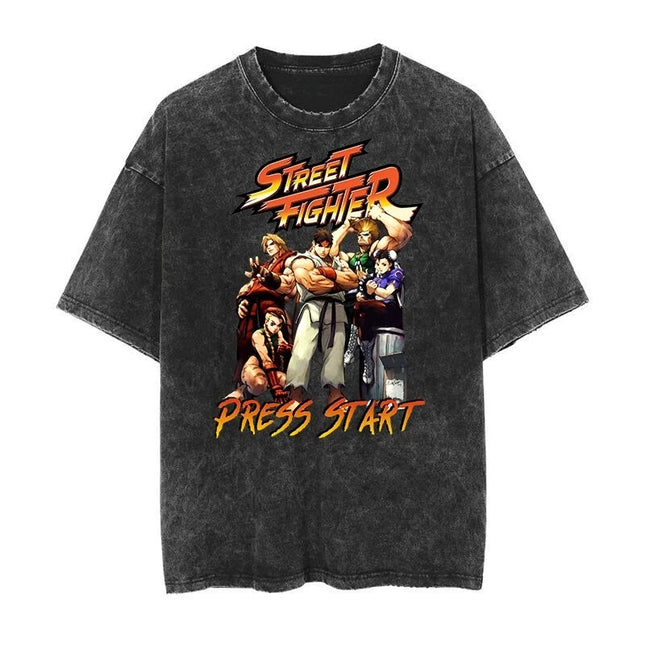 Vintage Washed T-Shirt Street Fighter Classic Game Printed Harajuku Hip Hop Oversized Kurzarm Herren Damen T-Shirts Tops Sommer