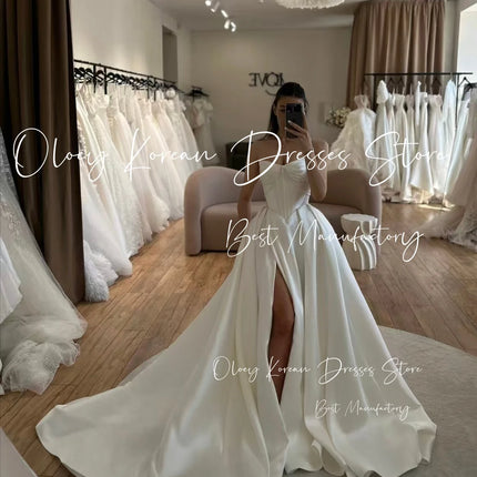 OLOEY Classic Pearls Wedding Dress Sweetheart Drapd Sweep Train High Slit Ivory Taffeta Bridal Gown Customized Vestido de novia