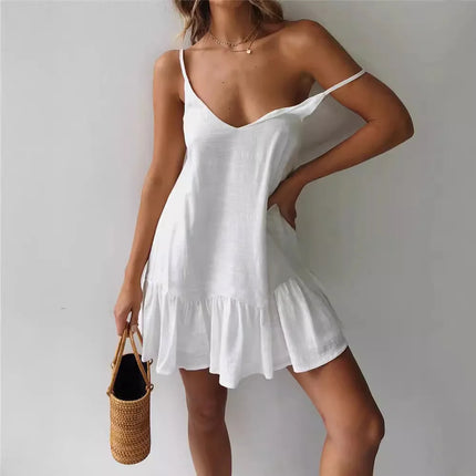 Women Slip Loose Dress Summer V neck Sleeveless Solid Yellow Vacation Beachwear Mini Pleated Ruffle Party Vestidos KYMY-LH0062