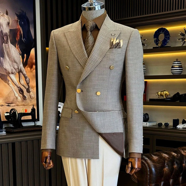 Trajes de hombre pata de gallo corte ajustado, elegante conjunto de blazer y pantalón de 2 piezas, traje de oficina de negocios o boda a cuadros cruzado