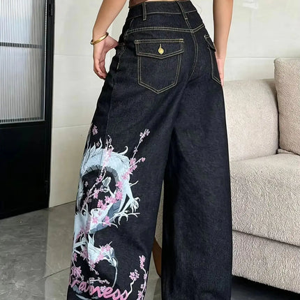 American High Street Vintage Dragon Totem Print Women's Pants, Trendy And Fashionable Black Versatile Wide-Leg Jeans For Women