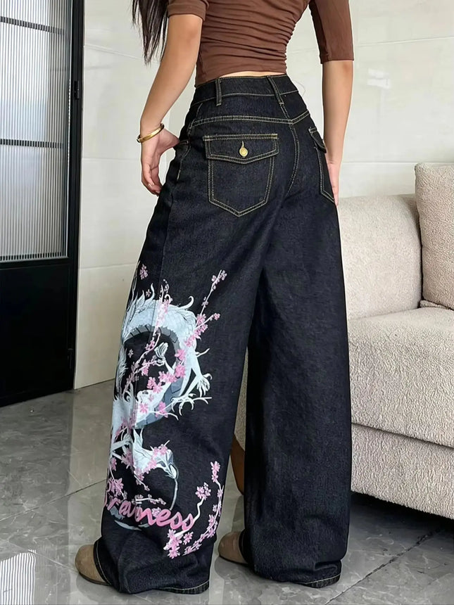 American High Street Vintage Dragon Totem Print Women's Pants, Trendy And Fashionable Black Versatile Wide-Leg Jeans For Women
