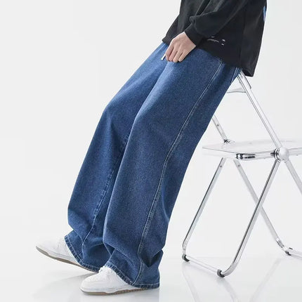 Korean Solid Colors Men's Casual Long Jeans Classic Male Four Seasons Straight Denim Wide-leg Pants Light Blue Grey Black S-3XL