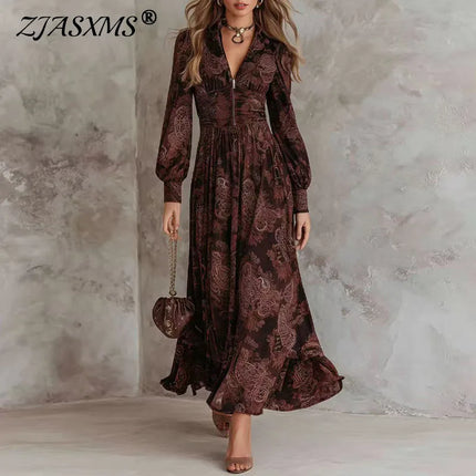 Woman Vintage Floral Print A-Line Long Dress Sexy V Neck Zipper High Waist Pleated Dress Autumn Long Sleeve Evening Gown Dresses