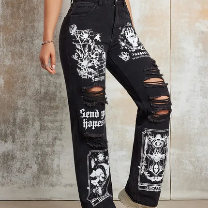 2025 New Style Women's Jeans Women's Spring And Autumn New Hot Selling Street INS Same Style Print Ripped Straight Jeans