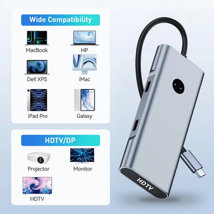 7-in-1 USB C Hub 4K60Hz HDTV One-Tap Screen Off 2xUSB-A 3.2 10Gbps 2xUSB-C 3.2 10Gbps PD 100W Aluminum for Laptop Home Office