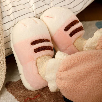 Warm Slip-on House Shoes 3D Cat Paw Plush Slippers Furry Paw Couple Slippers Anti Slip Flat Thermal Slippers for Indoor Bedroom