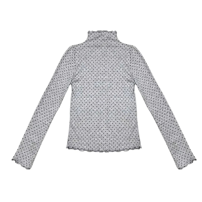 REDDACHiC Grunge Polka Dots Damen T-Shirt Vintage Herbst Dünn Stehkragen Rüschenbesatz Langarm Tee Top Y2k Alternative Kleidung