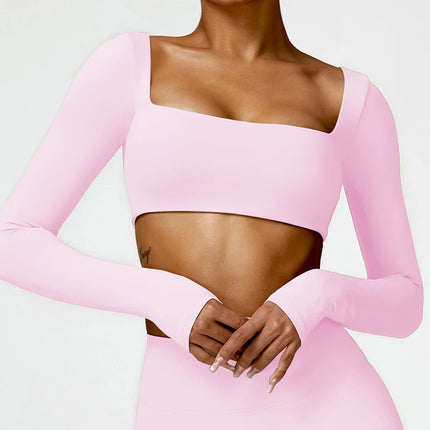 Hearuisavy Summer Casual Quick Dry Sportswear Women Square Neck Gym Top Women Fitness Sports Crop Top Long Sleeve Yoga Clothing