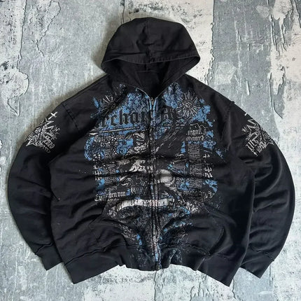 Harajuku Black Hoodie Fashion Street Gothic Skull Oversize Zipper Hoodie Men Women Hip Hop Casual Sweatshirt Personality Hoodie