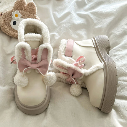Sweet Girls Lolita Winter Mid-Calf Snow Boots,Young Women Students Cute Plush Rabbit Ears Bowknots Warm Flat Platform Shoes
