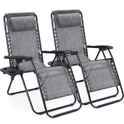 JHK Portable Zero Gravity Recliner Chairs Set of 2 Outdoor Garden Folding Lounge Chair with Cup Holder Trays Adjustable Pillow