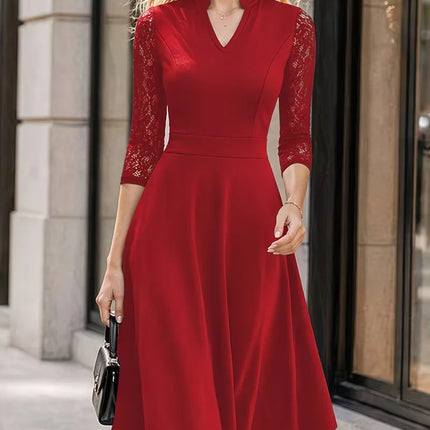 Sexy V-Neck Lace 2/3 Sleeve Summer Work Office Knee Length Base Show Thin Temperament Fit And Flare Swing